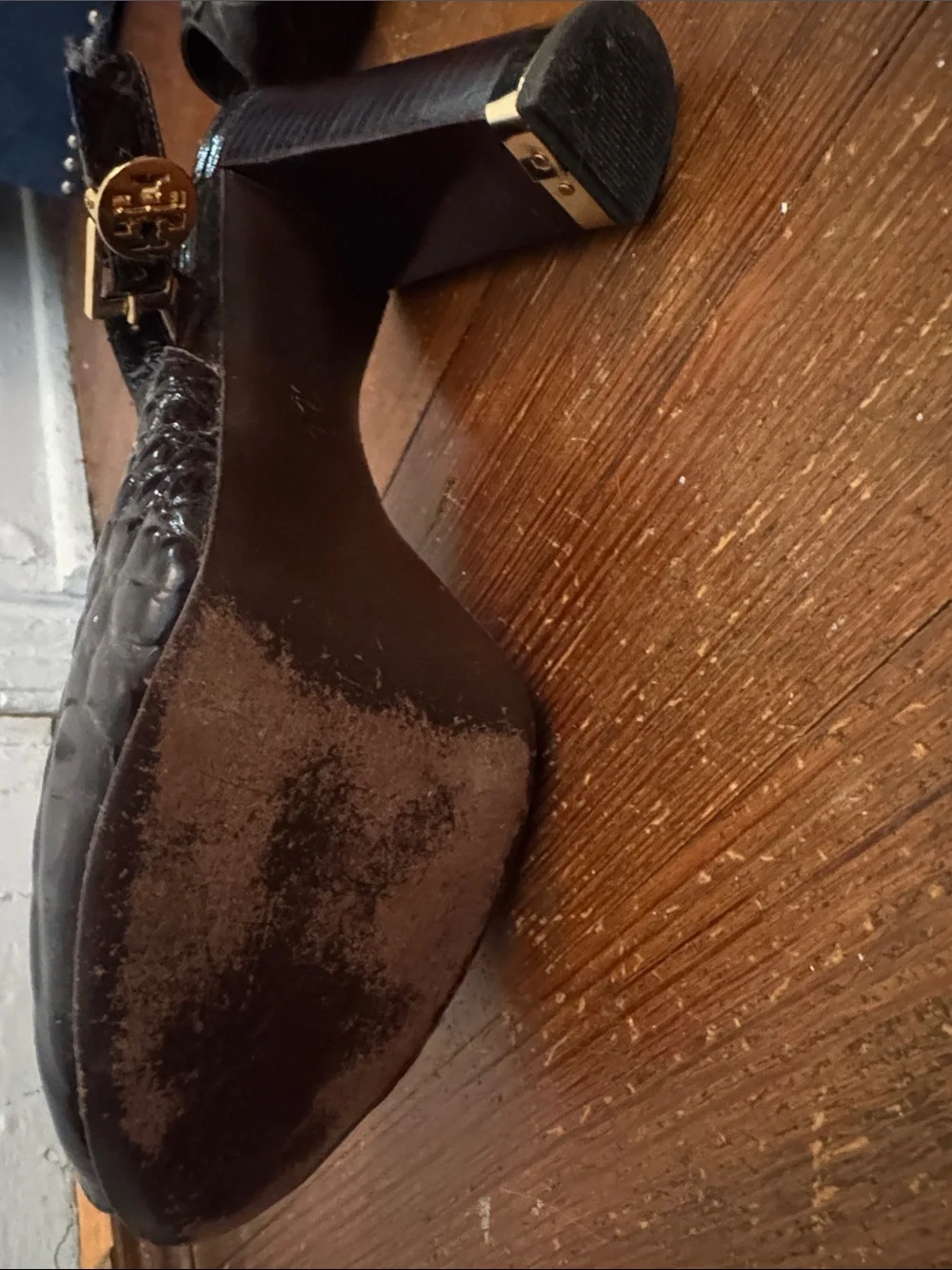 Tory Burch Dark Brown Croc-Embossed Peep-Toe Slingback Heels with Gold Buckle - Picture 10 of 11